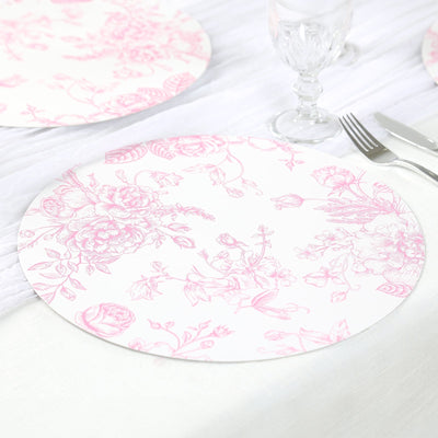 10-Pack Disposable Table Placemats in French Toile Print 13’’ in White/Matte Pink - Chic Floral Cardboard Placemats