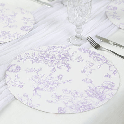 10-Pack Disposable Table Placemats in French Toile Print 13’’ in White/Matte Lavender - Chic Floral Cardboard Placemats