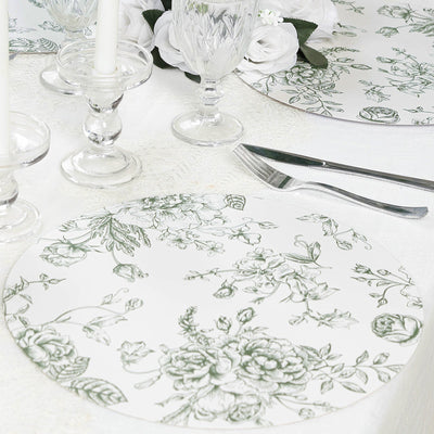 10-Pack Disposable Table Placemats in French Toile Print 13’’ in Matte White/Sage Green - Chic Floral Cardboard