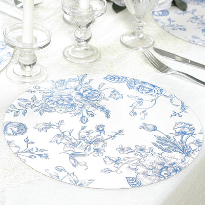 10-Pack Disposable Table Placemats in French Toile Print 13’’ in Matte White/Blue - Chic Floral Cardboard Placemats