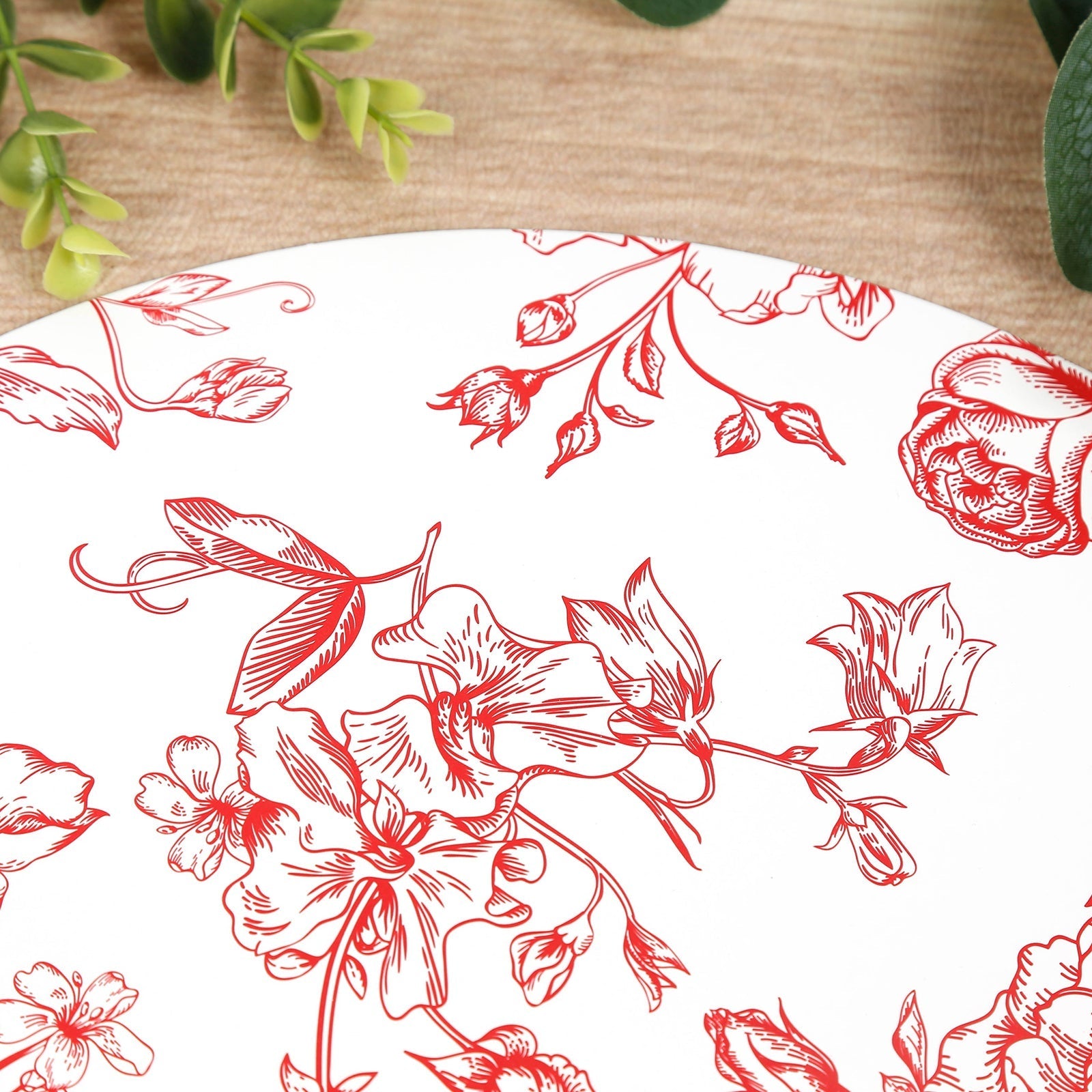 10-Pack Disposable Table Placemats in French Toile Print 13’’ in Matte White/Red - Chic Floral Cardboard Placemats