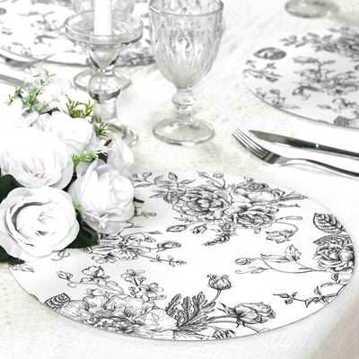 10-Pack Disposable Table Placemats in French Toile Print 13’’ in Matte White/Black - Chic Floral Cardboard Placemats
