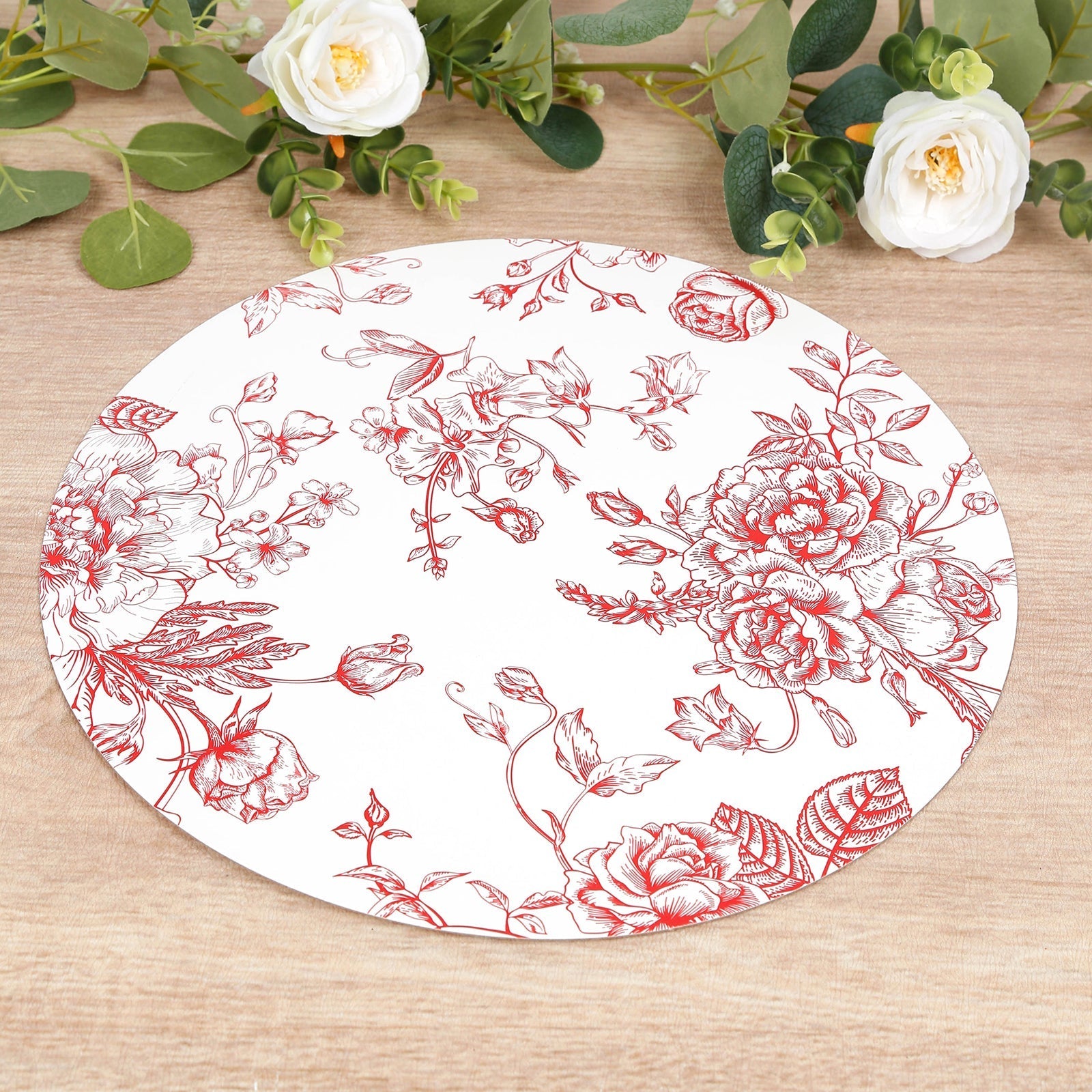 10-Pack Disposable Table Placemats in French Toile Print 13’’ in Matte White/Red - Chic Floral Cardboard Placemats