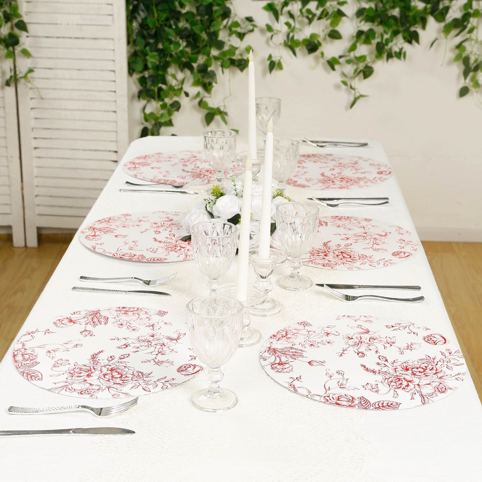 10-Pack Disposable Table Placemats in French Toile Print 13’’ in Matte White/Red - Chic Floral Cardboard Placemats