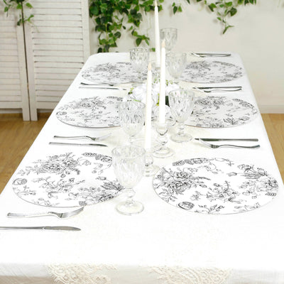 10-Pack Disposable Table Placemats in French Toile Print 13’’ in Matte White/Black - Chic Floral Cardboard Placemats