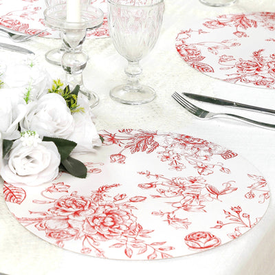 10-Pack Disposable Table Placemats in French Toile Print 13’’ in Matte White/Red - Chic Floral Cardboard Placemats