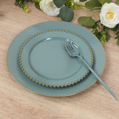 10-Pack Dusty Blue Plastic Dessert Plates â€“ 8’’ Round with Gold Beaded Rim Disposable for Parties & Events - Plates