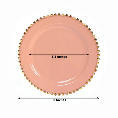 10-Pack Dusty Rose Plastic Dessert Plates â€“ 8’’ Round with Gold Beaded Rim Disposable for Parties & Events - Plates
