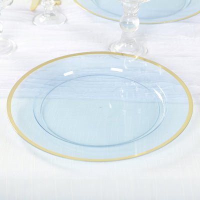 10-Pack Economy Plastic Round Charger Plates 12’’ in Transparent Dusty Blue with Wide Gold Rim Decorative Dinner Party