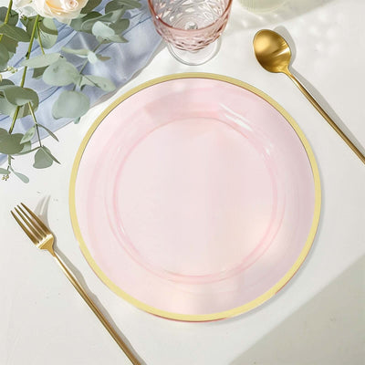 10-Pack Economy Plastic Round Charger Plates 12" in Transparent Blush with Wide Gold Rim, Decorative Dinner Party Serving Plates