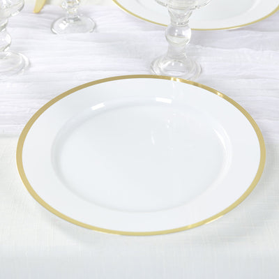 10-Pack Economy Plastic Round Charger Plates 12’’ in White with Wide Gold Rim Decorative Dinner Party Serving Plates