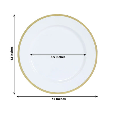 10-Pack Economy Plastic Round Charger Plates 12’’ in White with Wide Gold Rim Decorative Dinner Party Serving Plates
