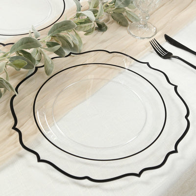 10-Pack Economy Plastic Round Charger Plates 13’’ in Clear with Black Scalloped Rim Decorative Dinner Party Serving