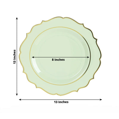 10-Pack Economy Plastic Round Charger Plates 13’’ in Sage Green with Gold Scalloped Rim Decorative Dinner Party Serving