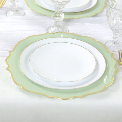 10-Pack Economy Plastic Round Charger Plates 13’’ in Sage Green with Gold Scalloped Rim Decorative Dinner Party Serving