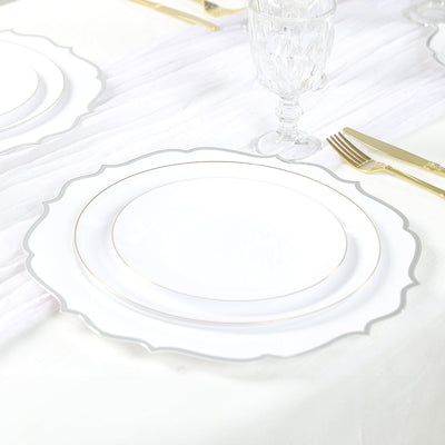 10-Pack Economy Plastic Round Charger Plates 13’’ in White with Silver Scalloped Rim Decorative Dinner Party Serving