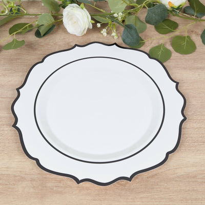 10-Pack Economy Plastic Round Charger Plates 13’’ in White with Black Scalloped Rim Decorative Dinner Party Serving