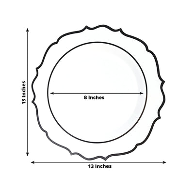 10-Pack Economy Plastic Round Charger Plates 13’’ in White with Black Scalloped Rim Decorative Dinner Party Serving