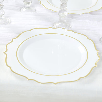 10-Pack Economy Plastic Round Charger Plates 13’’ in White with Gold Scalloped Rim Decorative Dinner Party Serving