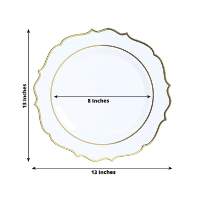 10-Pack Economy Plastic Round Charger Plates 13’’ in White with Gold Scalloped Rim Decorative Dinner Party Serving