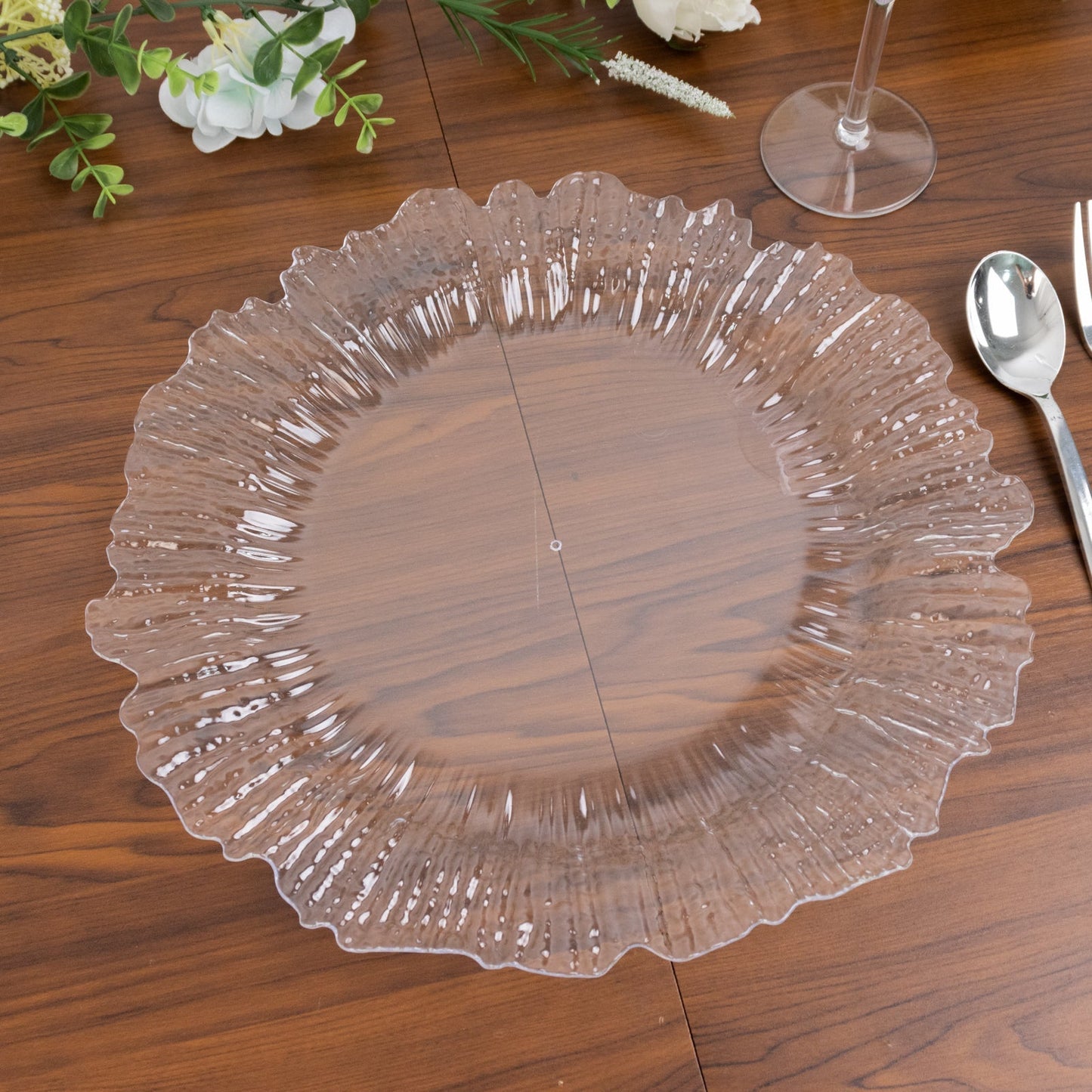 10 Pack Economy Reef Plastic Charger Plates â€“ 13’’ Clear Dinner Plate Chargers for Weddings Parties & Catering