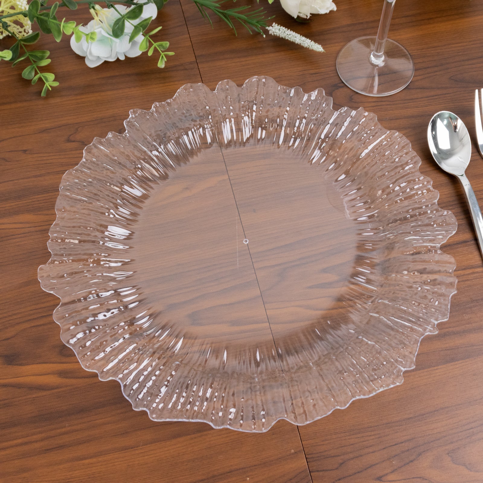 10 Pack Economy Reef Plastic Charger Plates â€“ 13’’ Clear Dinner Plate Chargers for Weddings Parties & Catering