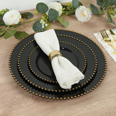 10-Pack Economy Round Plastic Charger Plates 13’’ in Black with Gold Beaded Rim Stylish Dinner Party Serving Plates