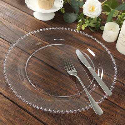 10-Pack Economy Round Plastic Charger Plates 13’’ in Clear Beaded Rim Stylish Dinner Party Serving Plates - Decorative