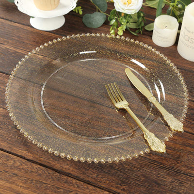 10-Pack Economy Round Plastic Charger Plates 13’’ in Clear/Gold Glitter with Beaded Rim Stylish Dinner Party Serving