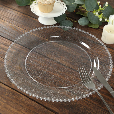 10-Pack Economy Round Plastic Charger Plates 13’’ in Clear/Silver Glitter with Beaded Rim Stylish Dinner Party Serving