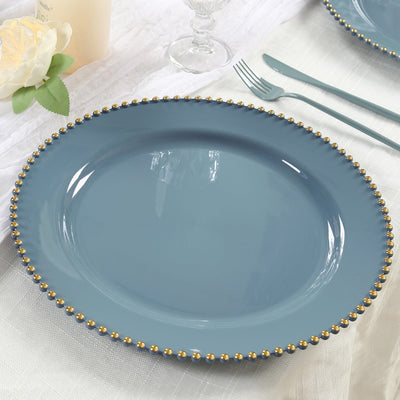 10-Pack Economy Round Plastic Charger Plates 13’’ in Dusty Blue with Gold Beaded Rim Stylish Dinner Party Serving