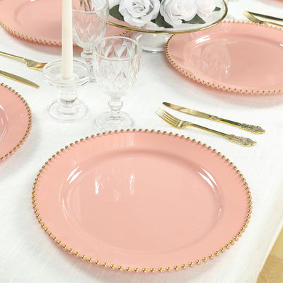 10-Pack Economy Round Plastic Charger Plates 13’’ in Dusty Rose with Gold Beaded Rim Stylish Dinner Party Serving