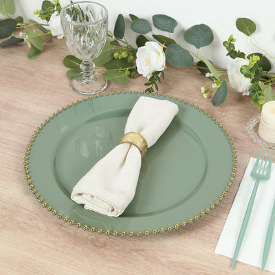 10-Pack Economy Round Plastic Charger Plates 13’’ in Dusty Sage Green with Gold Beaded Rim Stylish Dinner Party Serving