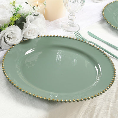 10-Pack Economy Round Plastic Charger Plates 13’’ in Dusty Sage Green with Gold Beaded Rim Stylish Dinner Party Serving
