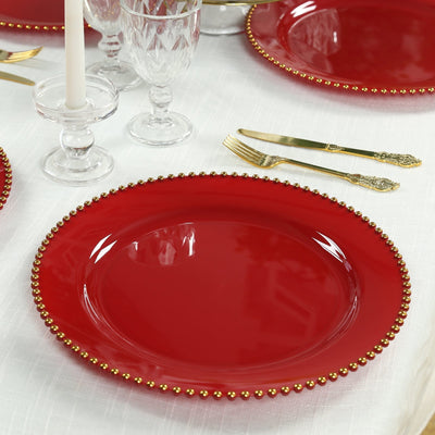10-Pack Economy Round Plastic Charger Plates 13’’ in Red with Gold Beaded Rim Stylish Dinner Party Serving Plates