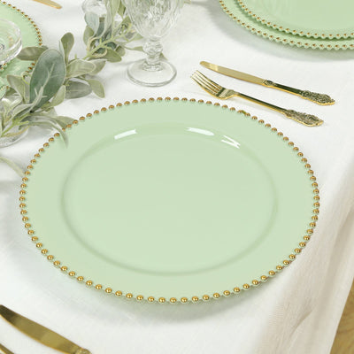 10-Pack Economy Round Plastic Charger Plates 13’’ in Sage Green with Gold Beaded Rim Stylish Dinner Party Serving