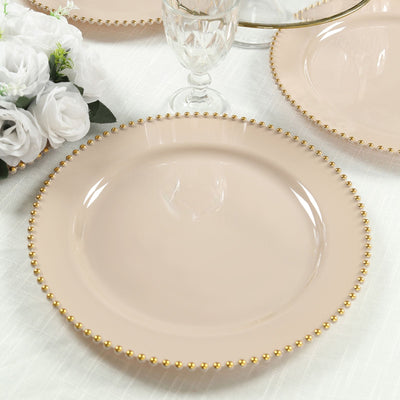 10-Pack Economy Round Plastic Charger Plates 13’’ in Taupe with Gold Beaded Rim Stylish Dinner Party Serving Plates