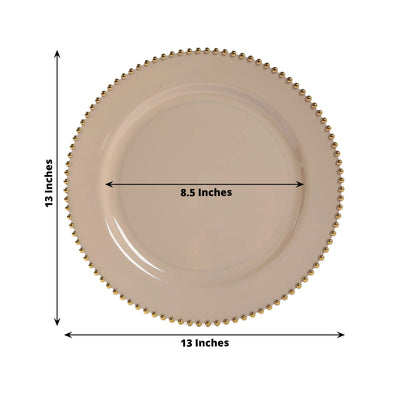 10-Pack Economy Round Plastic Charger Plates 13’’ in Taupe with Gold Beaded Rim Stylish Dinner Party Serving Plates