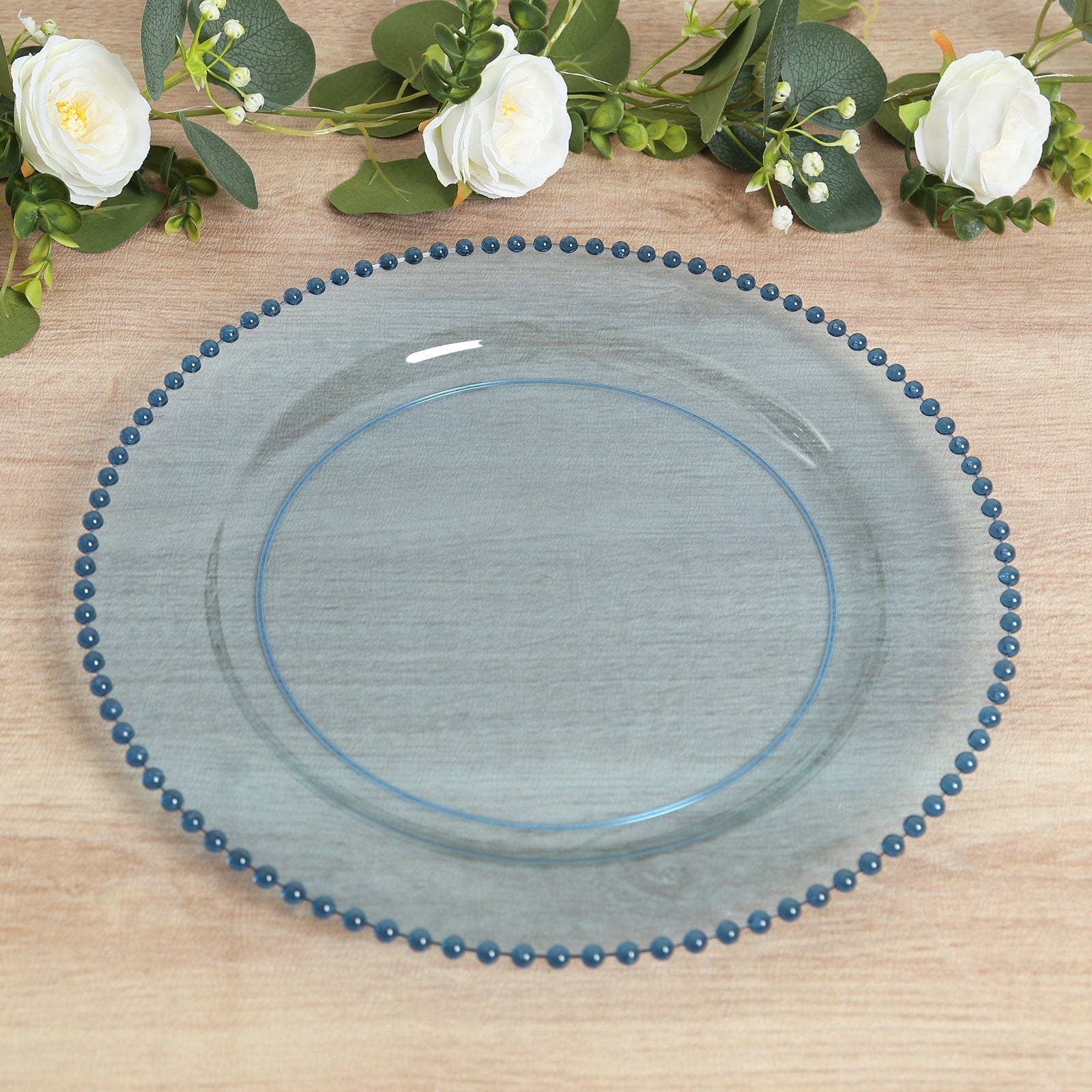 10-Pack Economy Round Plastic Charger Plates 13’’ in Transparent Dusty Blue with Beaded Rim Stylish Dinner Party