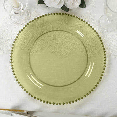 10-Pack Economy Round Plastic Charger Plates 13’’ in Transparent Dusty Sage Green with Beaded Rim Stylish Dinner Party