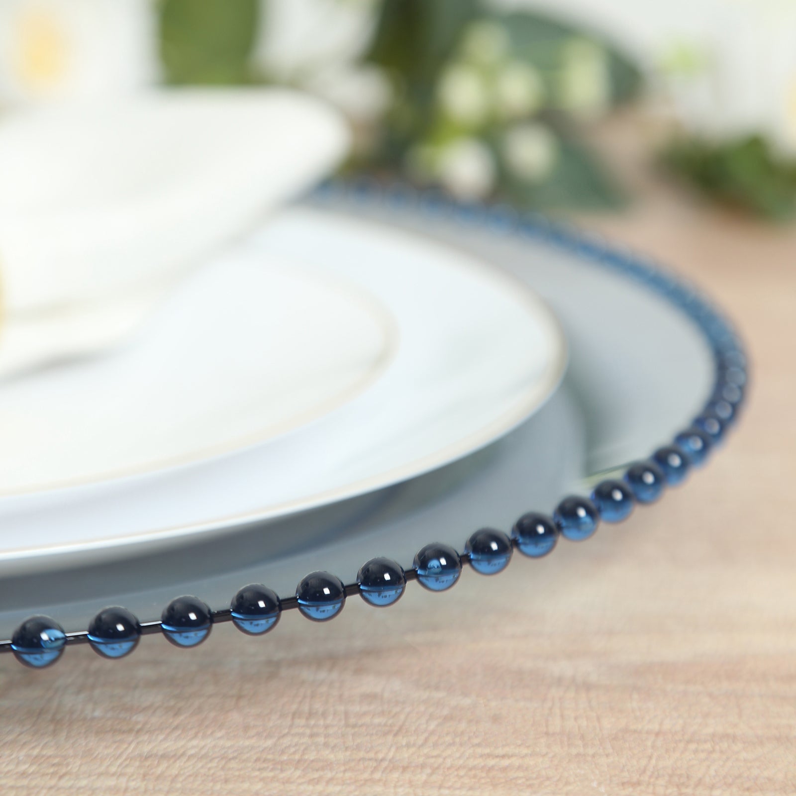 10-Pack Economy Round Plastic Charger Plates 13’’ in Transparent Dusty Blue with Beaded Rim Stylish Dinner Party