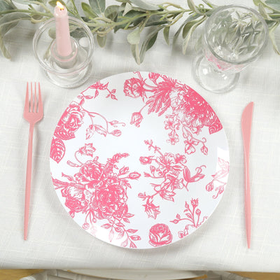 10-Pack French Toile Plastic Party Plates â€“ Pink & White Floral 10’’ Round Disposable Dinner Plates - Plates