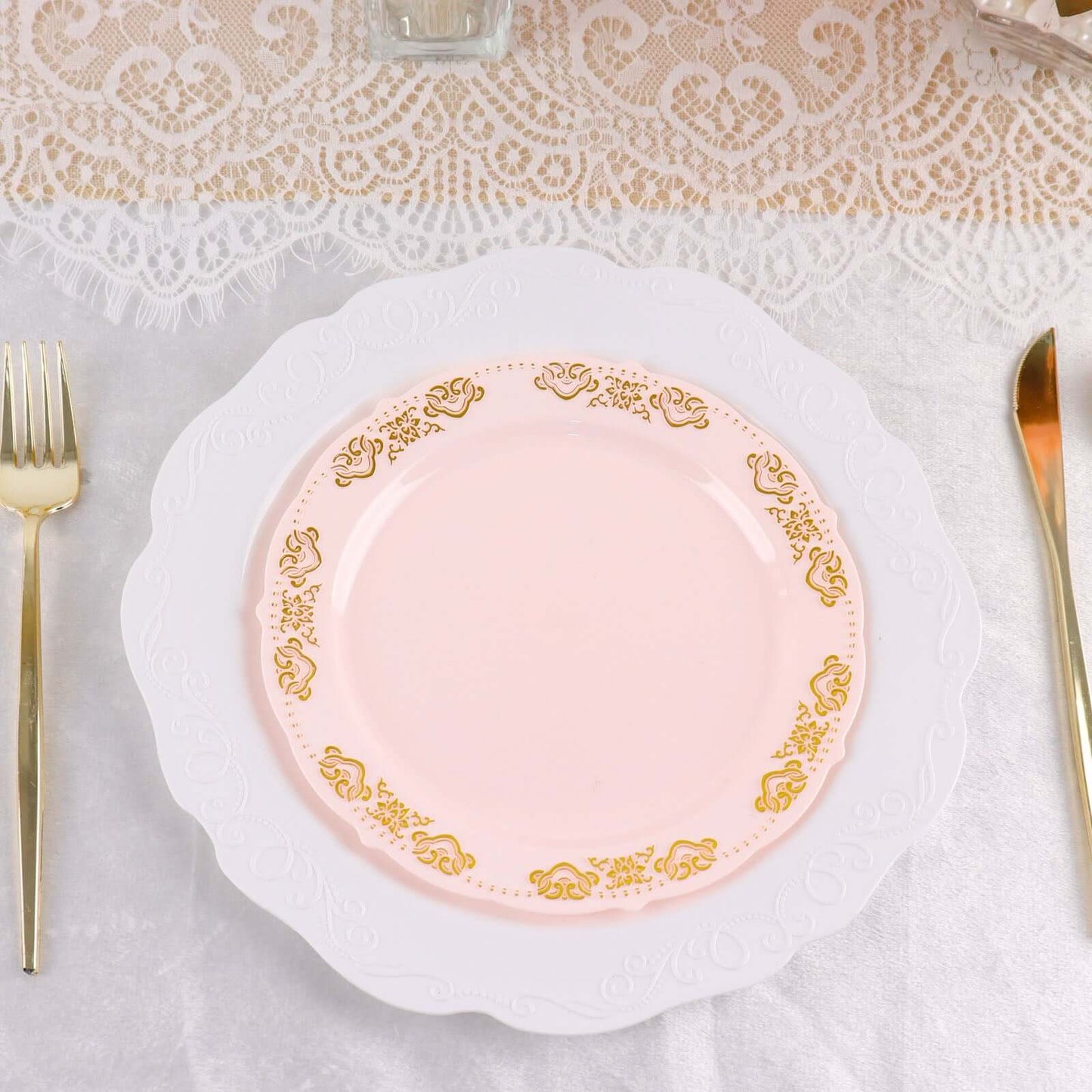 10-Pack Plastic 7.5" Round Appetizer Plates in Blush with Gold Embossed Scalloped Edge - Chic Disposable Salad Plates for Special Occasions & Banquets
