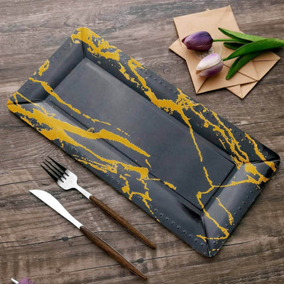 10-Pack Paper 16" Rectangle Serving Trays Black/Gold - Durable 1100GSM Disposable Food Platters with Modern Marble Design for Dessert Tables & Food Stations