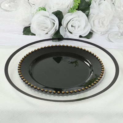 10-Pack Plastic 10’’ Round Dinner Plates in Black with Gold Beaded Rim - Disposable Party Plates for Banquets & Festive