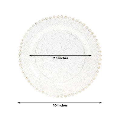 10-Pack Plastic 10’’ Round Dinner Plates in Clear Gold Glittered with Beaded Rim - Disposable Party Plates for Banquets
