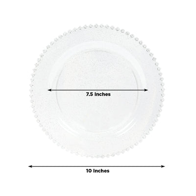 10-Pack Plastic 10’’ Round Dinner Plates in Clear Silver Glittered with Beaded Rim - Disposable Party Plates