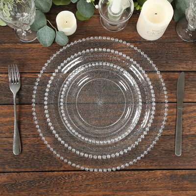 10-Pack Plastic 10’’ Round Dinner Plates in Clear Silver Glittered with Beaded Rim - Disposable Party Plates
