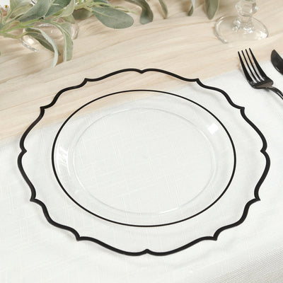 10-Pack Plastic 10’’ Round Dinner Plates in Clear with Black Scalloped Rim - Disposable Party Plates - Plates