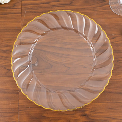 10-Pack Plastic 10’’ Round Dinner Plates in Clear with Gold Flair Rim - Disposable Party Plates for Upscale Banquets &